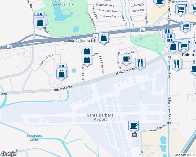 map of restaurants, bars, coffee shops, grocery stores, and more near Hollister Avenue in Goleta