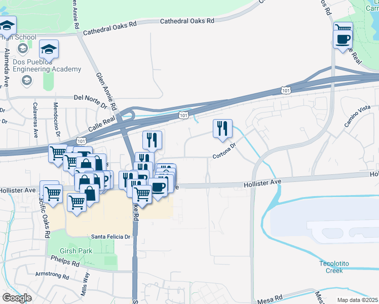 map of restaurants, bars, coffee shops, grocery stores, and more near 6780 Cortona Dr in Goleta