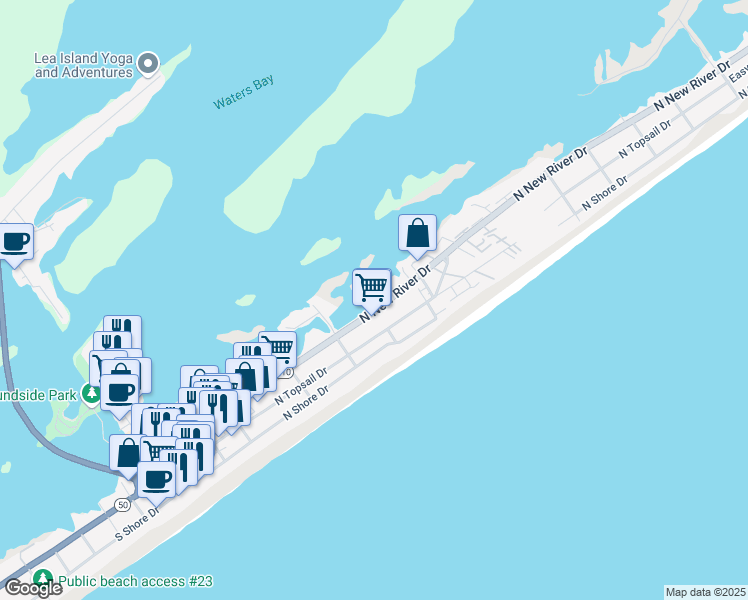 map of restaurants, bars, coffee shops, grocery stores, and more near 517 North New River Drive in Surf City