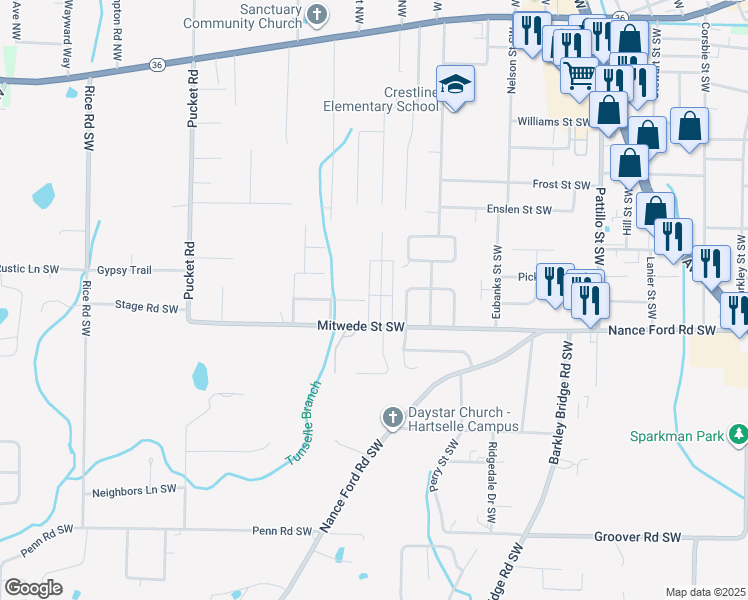 map of restaurants, bars, coffee shops, grocery stores, and more near 1096 Maplewood Drive Southwest in Hartselle