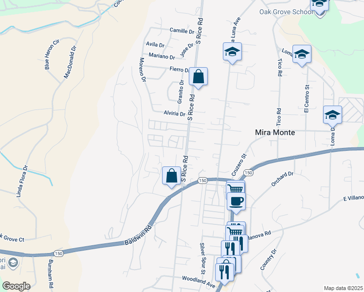 map of restaurants, bars, coffee shops, grocery stores, and more near 1273 South Rice Road in Ojai
