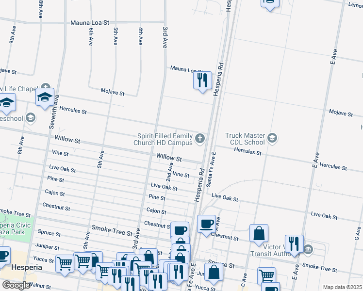 map of restaurants, bars, coffee shops, grocery stores, and more near 16542 Willow Street in Hesperia