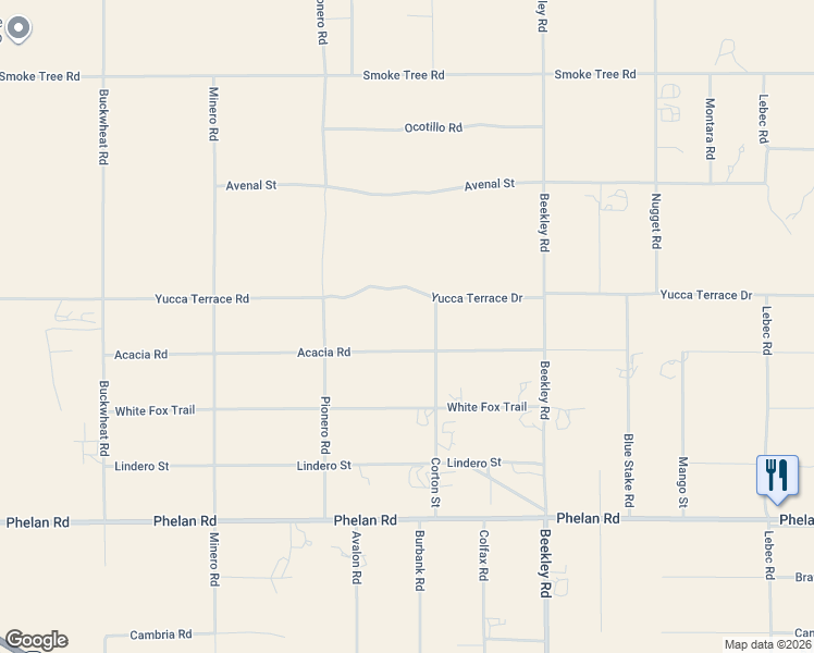 map of restaurants, bars, coffee shops, grocery stores, and more near 3025 Acacia Road in Pinon Hills