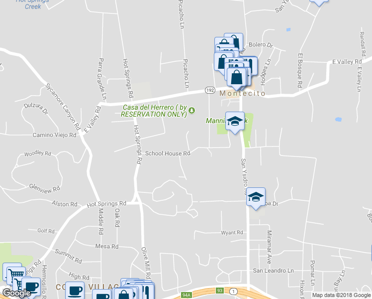 map of restaurants, bars, coffee shops, grocery stores, and more near 1394 School House Road in Montecito