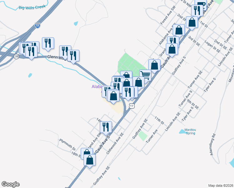 map of restaurants, bars, coffee shops, grocery stores, and more near 109 Glenn Boulevard Southwest in Fort Payne