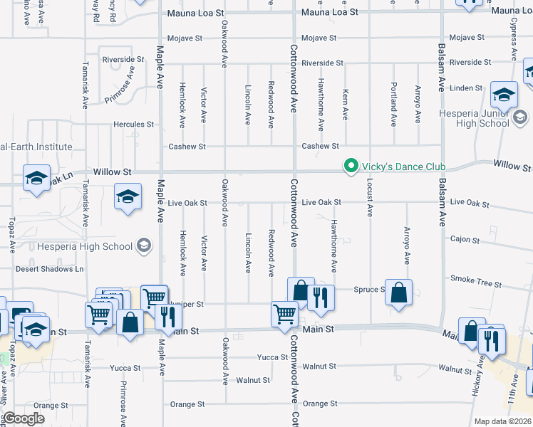 map of restaurants, bars, coffee shops, grocery stores, and more near 10022 Redwood Avenue in Hesperia