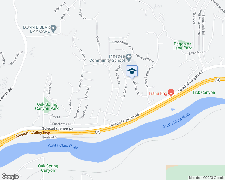 map of restaurants, bars, coffee shops, grocery stores, and more near 29010 Flowerpark Drive in Santa Clarita