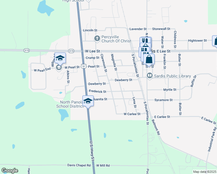 map of restaurants, bars, coffee shops, grocery stores, and more near 303 Claremont Street in Sardis