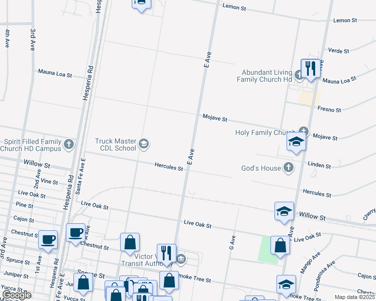 map of restaurants, bars, coffee shops, grocery stores, and more near 9989 E Avenue in Hesperia