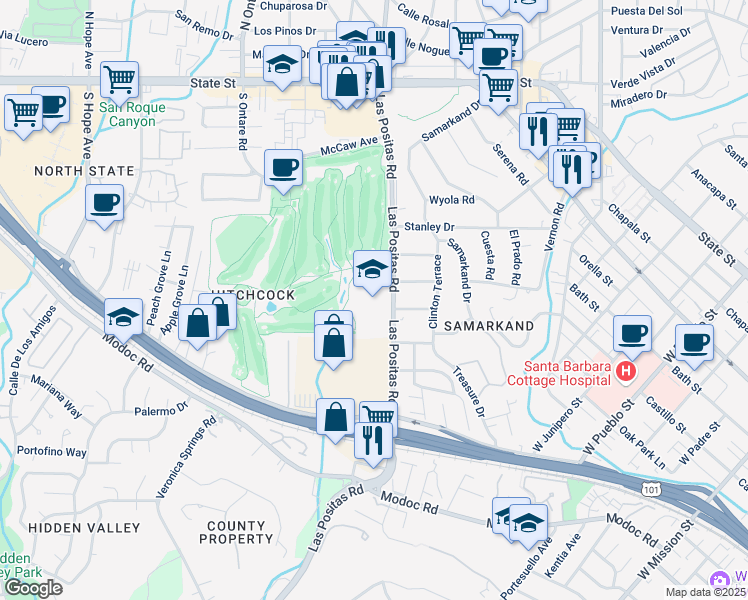 map of restaurants, bars, coffee shops, grocery stores, and more near 2701 Las Positas Road in Santa Barbara