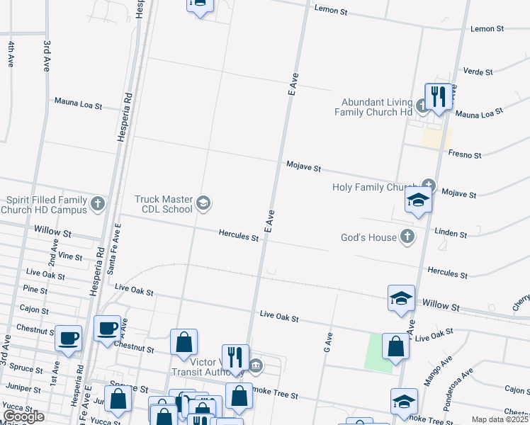 map of restaurants, bars, coffee shops, grocery stores, and more near 9989 E Avenue in Hesperia