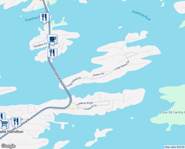 map of restaurants, bars, coffee shops, grocery stores, and more near 235 Long Island Drive in Hot Springs