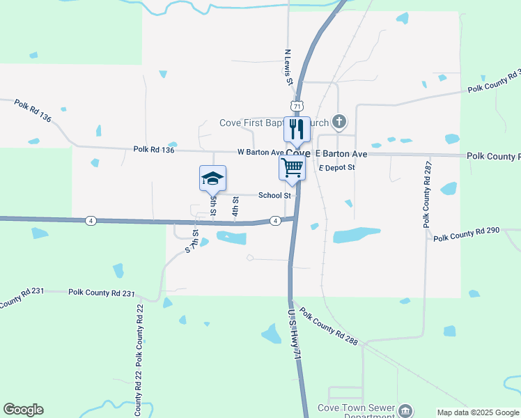 map of restaurants, bars, coffee shops, grocery stores, and more near 127 School Street in Cove