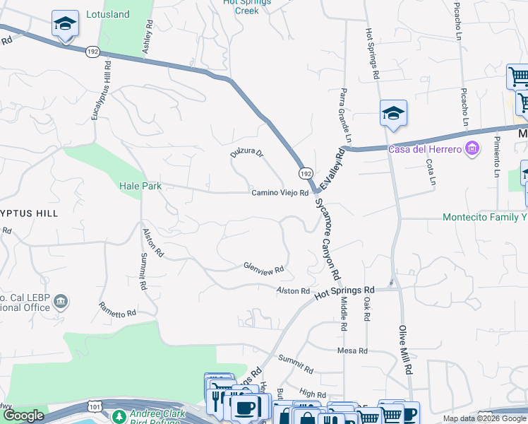 map of restaurants, bars, coffee shops, grocery stores, and more near 395 Woodley Road in Montecito