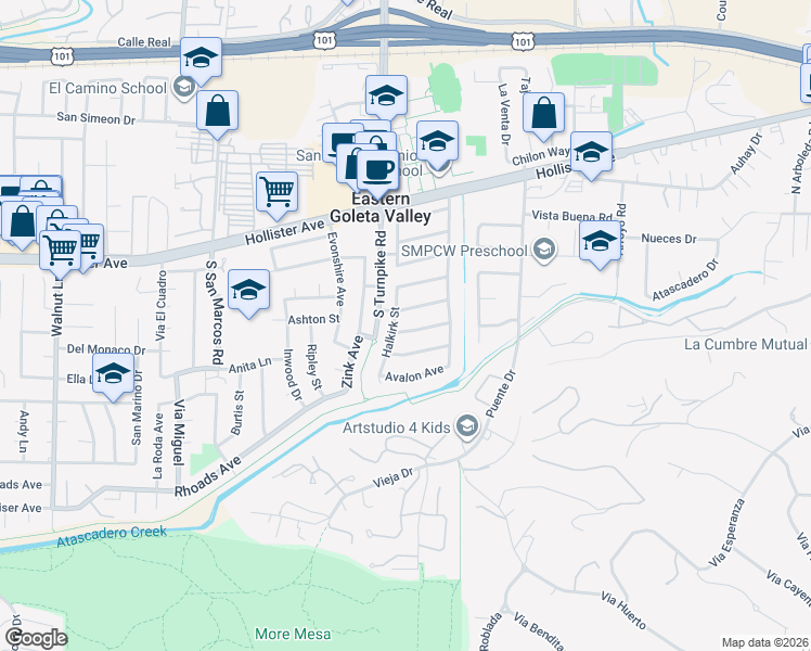 map of restaurants, bars, coffee shops, grocery stores, and more near 4782 Frazier Lane in Santa Barbara