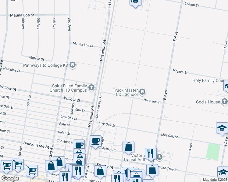 map of restaurants, bars, coffee shops, grocery stores, and more near Hercules Street in Hesperia
