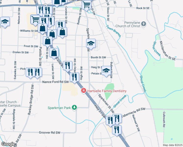 map of restaurants, bars, coffee shops, grocery stores, and more near 130 Petain Street Southwest in Hartselle