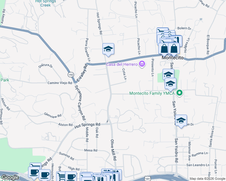 map of restaurants, bars, coffee shops, grocery stores, and more near 400 Hot Springs Road in Montecito