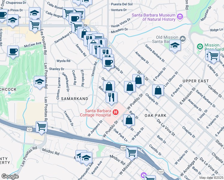 map of restaurants, bars, coffee shops, grocery stores, and more near 235 West Quinto Street in Santa Barbara