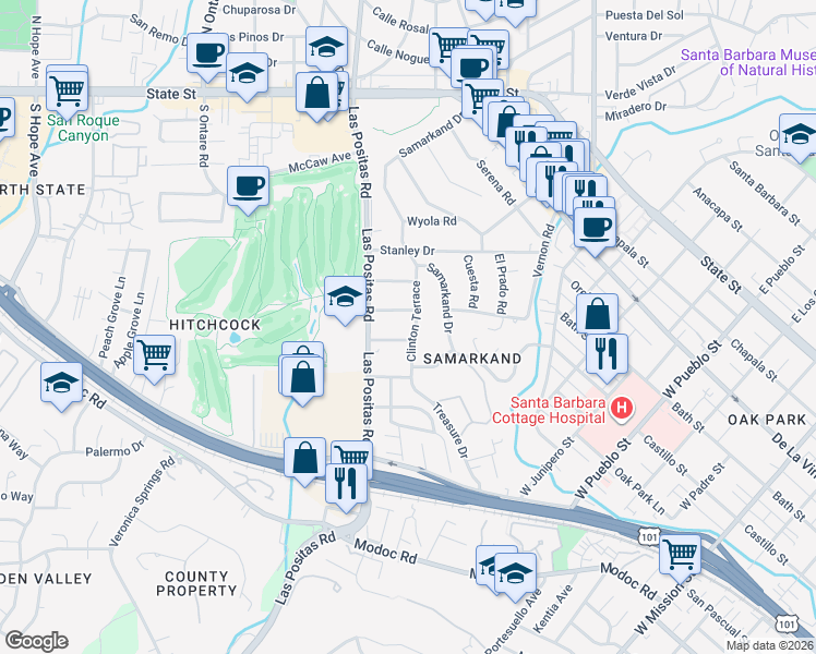 map of restaurants, bars, coffee shops, grocery stores, and more near 2704 Clinton Terrace in Santa Barbara
