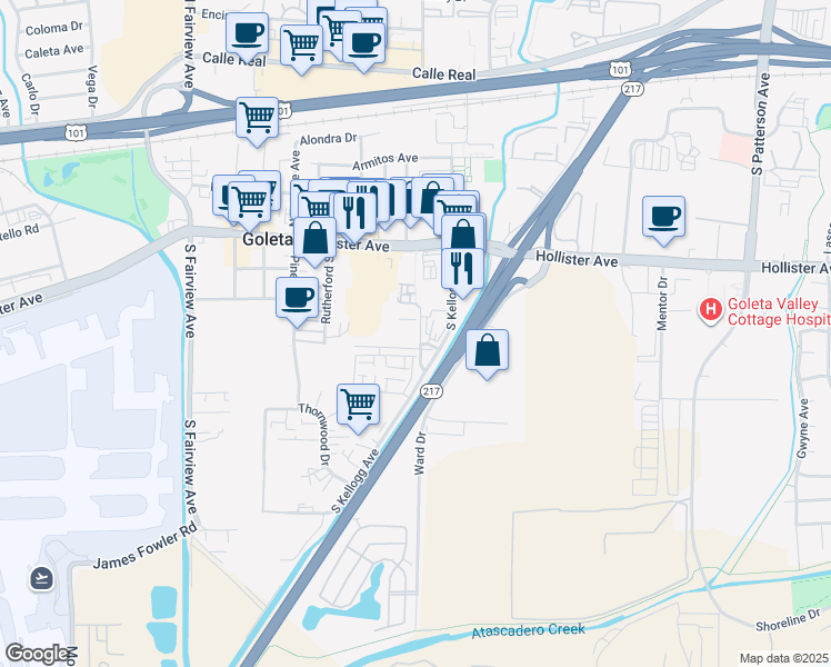 map of restaurants, bars, coffee shops, grocery stores, and more near 475 Kellogg Way in Goleta