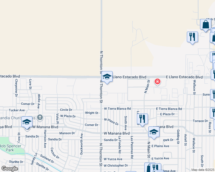map of restaurants, bars, coffee shops, grocery stores, and more near 3401 North Thornton Street in Clovis