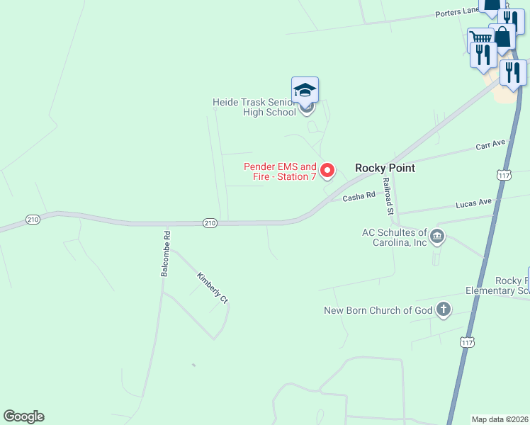 map of restaurants, bars, coffee shops, grocery stores, and more near 14680 North Carolina 210 in Rocky Point