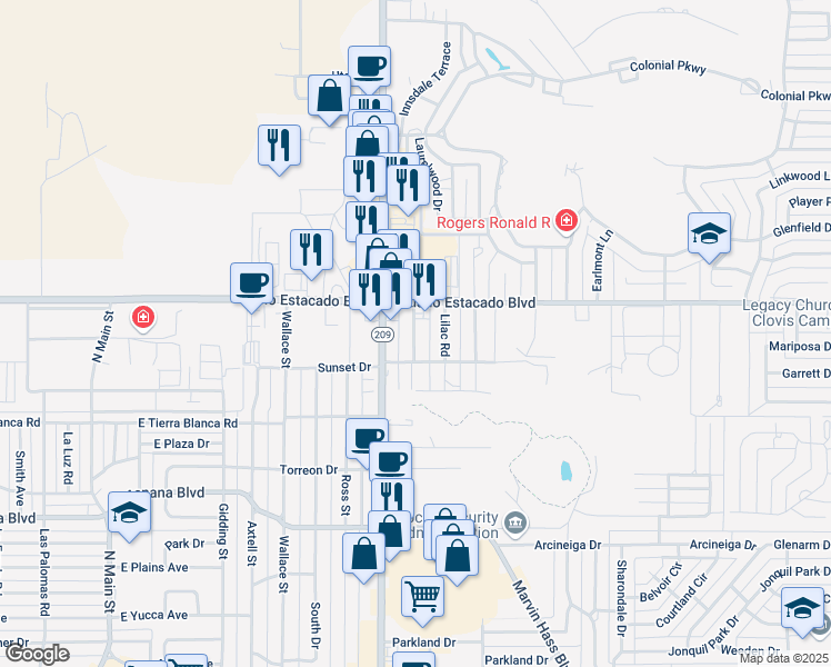 map of restaurants, bars, coffee shops, grocery stores, and more near 3313 Shady Lane in Clovis