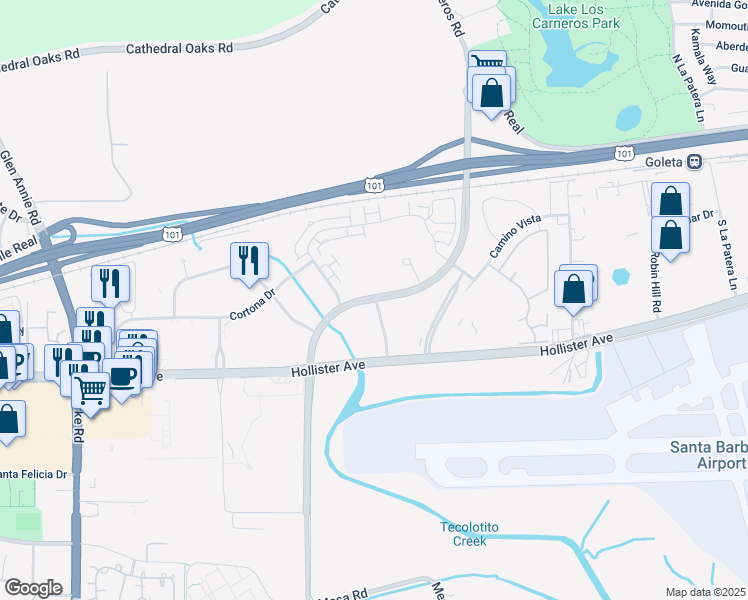 map of restaurants, bars, coffee shops, grocery stores, and more near 108 South Los Carneros Road in Goleta