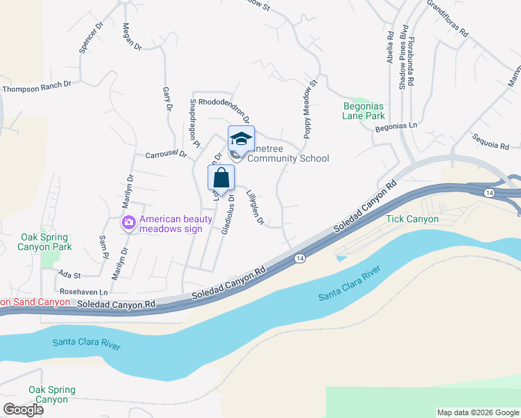 map of restaurants, bars, coffee shops, grocery stores, and more near 29016 Lillyglen Drive in Santa Clarita