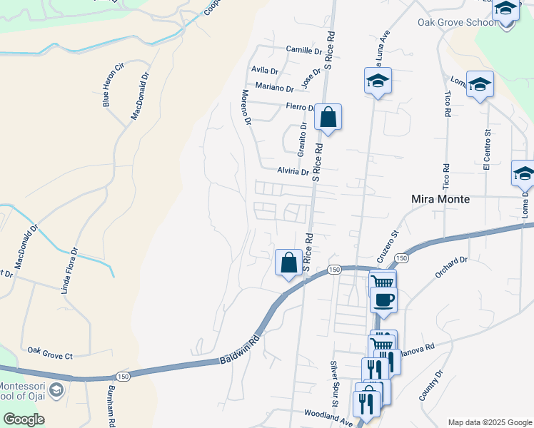 map of restaurants, bars, coffee shops, grocery stores, and more near 1273 South Rice Road in Ojai