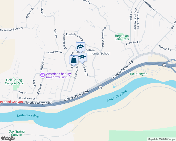 map of restaurants, bars, coffee shops, grocery stores, and more near 29016 Lillyglen Drive in Santa Clarita