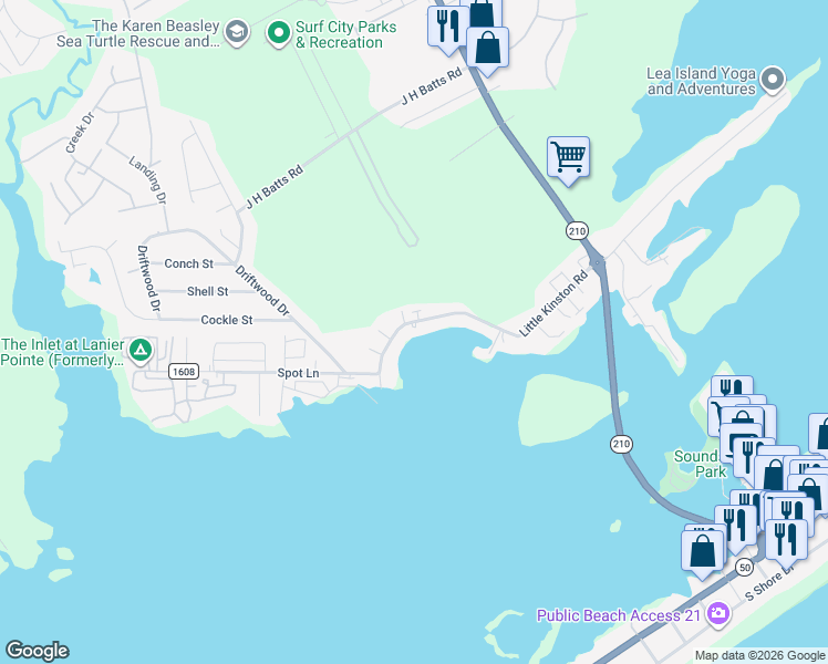 map of restaurants, bars, coffee shops, grocery stores, and more near 544 Little Kinston Rd in Surf City