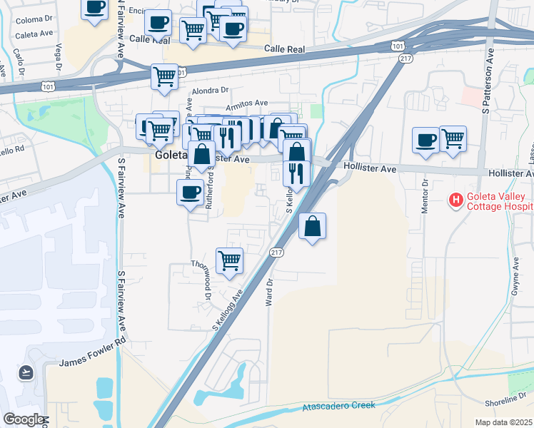 map of restaurants, bars, coffee shops, grocery stores, and more near 475 Kellogg Way in Goleta