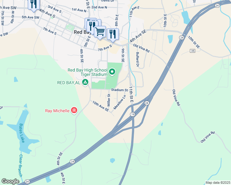 map of restaurants, bars, coffee shops, grocery stores, and more near 1000-1026 Miller Street in Red Bay