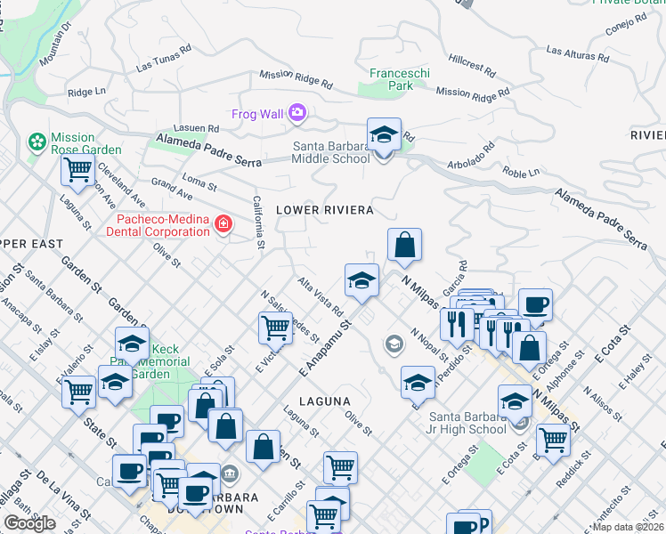 map of restaurants, bars, coffee shops, grocery stores, and more near 735 East Victoria Street in Santa Barbara