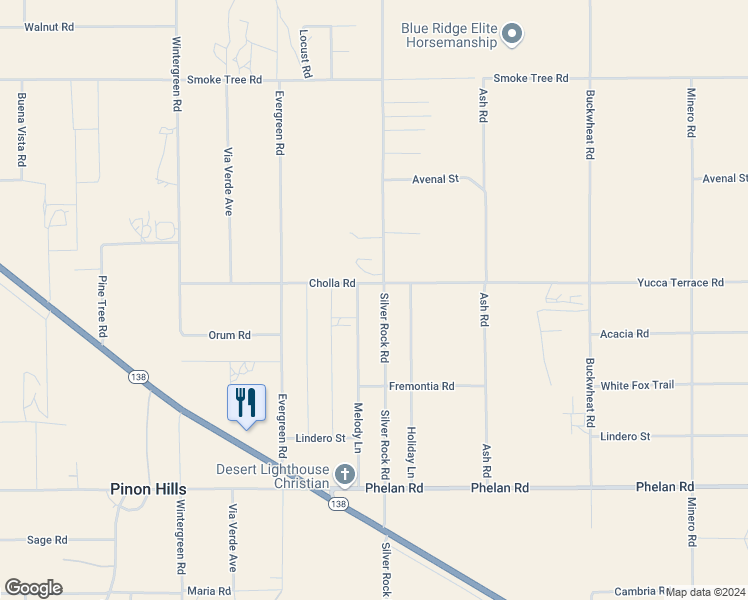 map of restaurants, bars, coffee shops, grocery stores, and more near 10070 Silver Rock Road in Pinon Hills