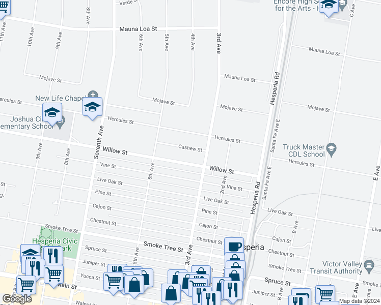 map of restaurants, bars, coffee shops, grocery stores, and more near 16385 Cashew Street in Hesperia