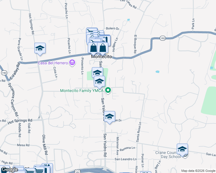 map of restaurants, bars, coffee shops, grocery stores, and more near 591 Santa Rosa Lane in Montecito