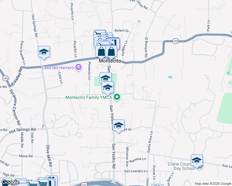 map of restaurants, bars, coffee shops, grocery stores, and more near 591 Santa Rosa Lane in Montecito