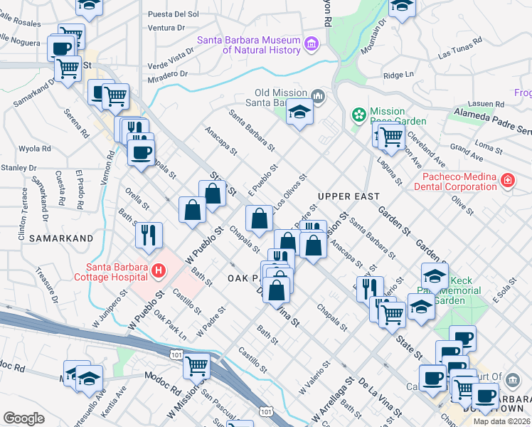 map of restaurants, bars, coffee shops, grocery stores, and more near 2200 State Street in Santa Barbara
