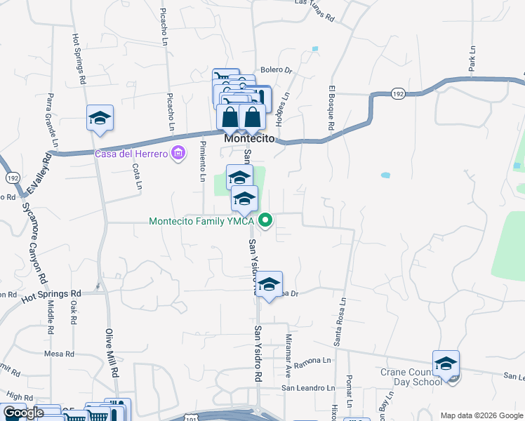 map of restaurants, bars, coffee shops, grocery stores, and more near 591 Santa Rosa Lane in Montecito