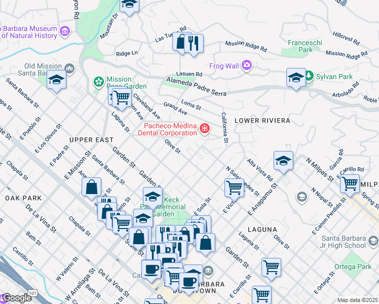 map of restaurants, bars, coffee shops, grocery stores, and more near 1611 Olive Street in Santa Barbara