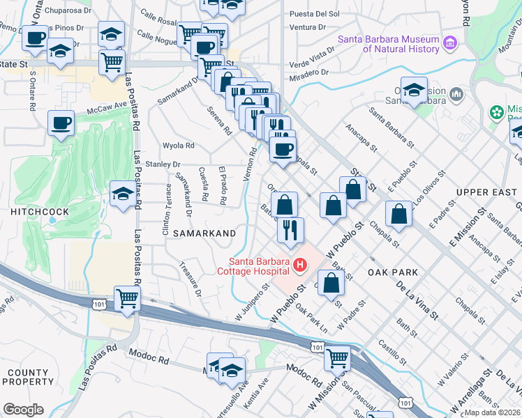 map of restaurants, bars, coffee shops, grocery stores, and more near 2519 Bath Street in Santa Barbara