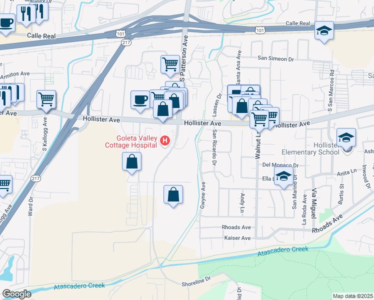 map of restaurants, bars, coffee shops, grocery stores, and more near 326 Hollipat Center Drive in Goleta