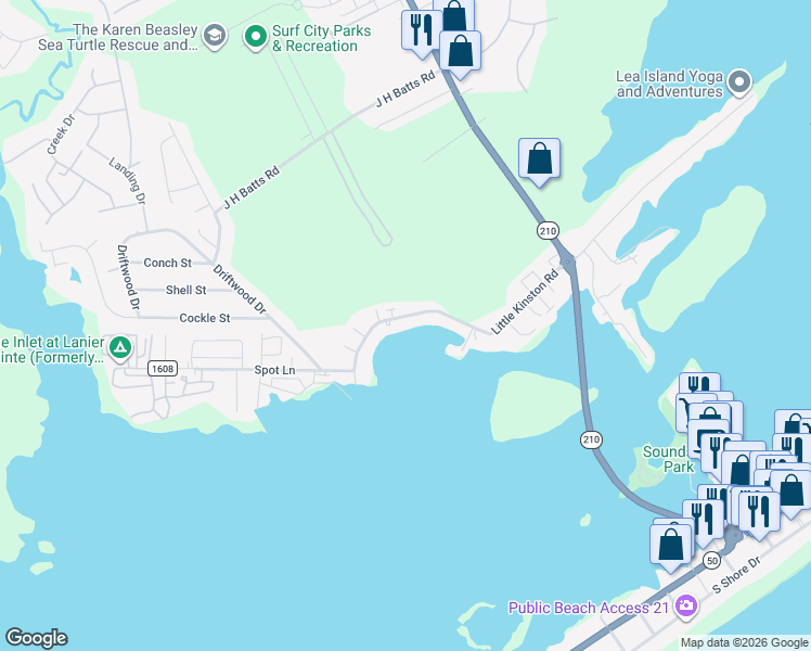 map of restaurants, bars, coffee shops, grocery stores, and more near 434 Little Kinston Road in Surf City