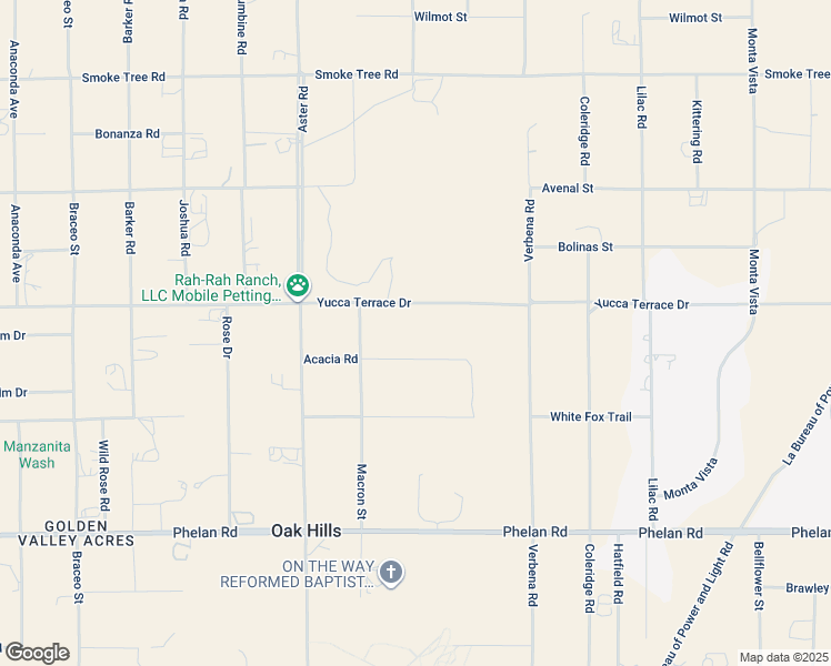 map of restaurants, bars, coffee shops, grocery stores, and more near 10611 Yucca Terrace Drive in Oak Hills
