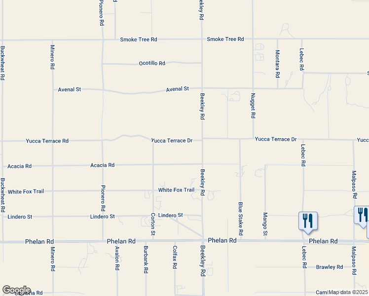 map of restaurants, bars, coffee shops, grocery stores, and more near 3233 Yucca Terrace Drive in Phelan