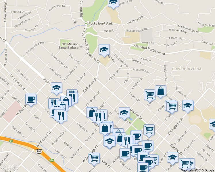 map of restaurants, bars, coffee shops, grocery stores, and more near 304 E Pedregosa St in Santa Barbara
