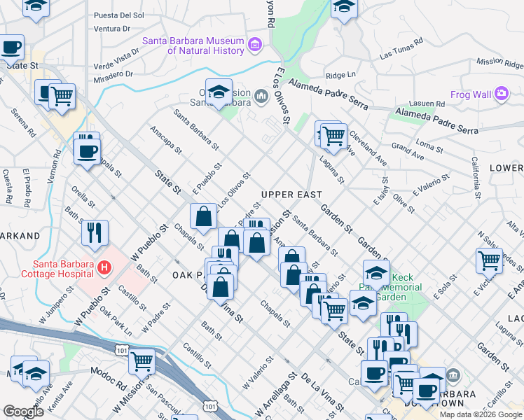 map of restaurants, bars, coffee shops, grocery stores, and more near 115 East Mission Street in Santa Barbara